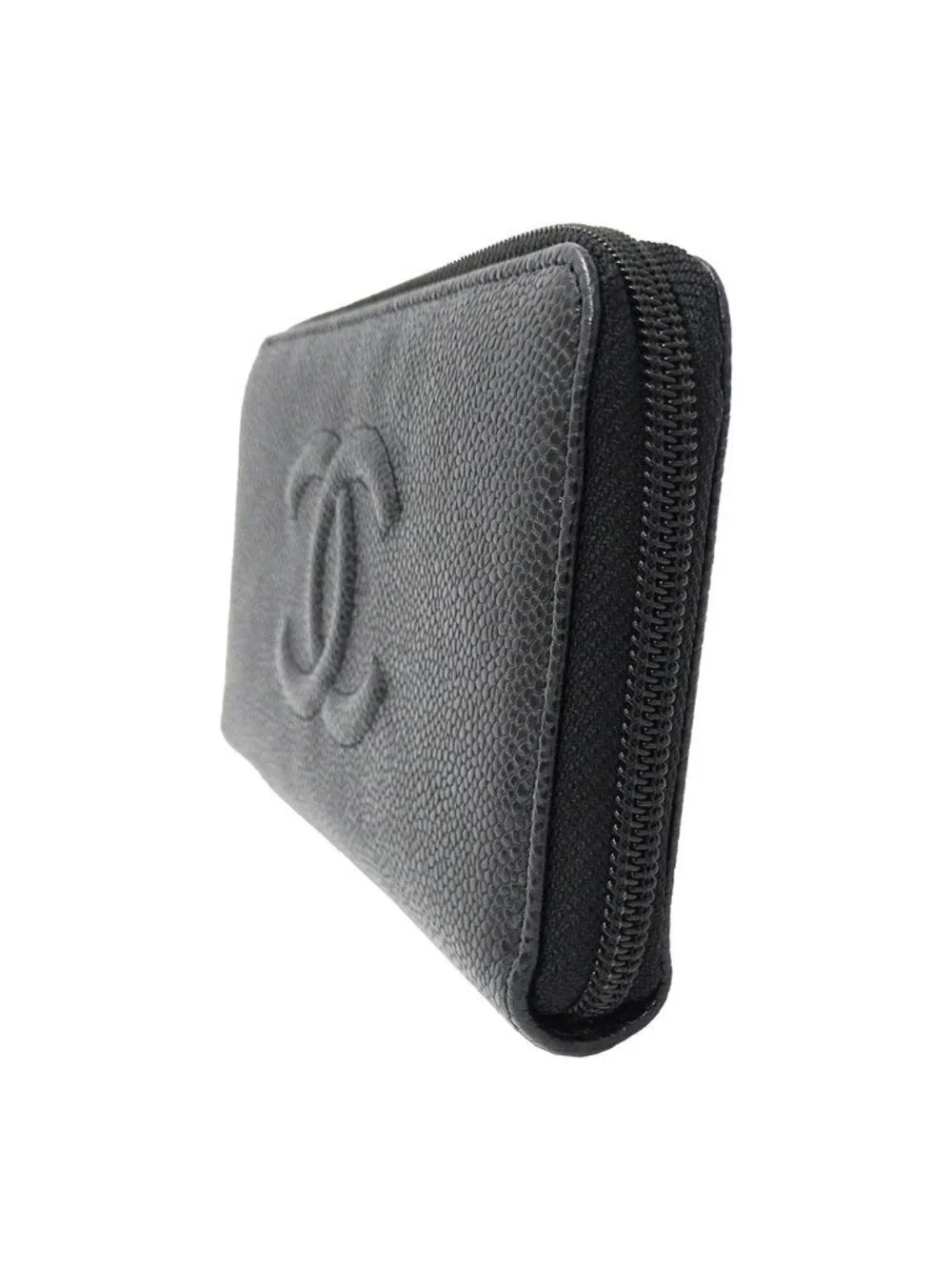 Chanel Wallet Caviar Leather Black Silver Zip Around Logo Adult